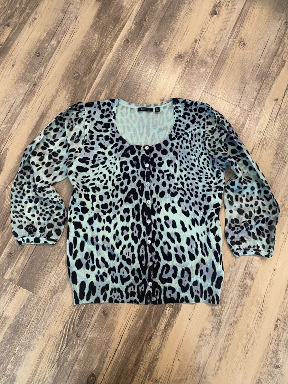 Carlisle Silk Animal Print Crew Cardigan w Sheer Sleeves Blue Size LARGE